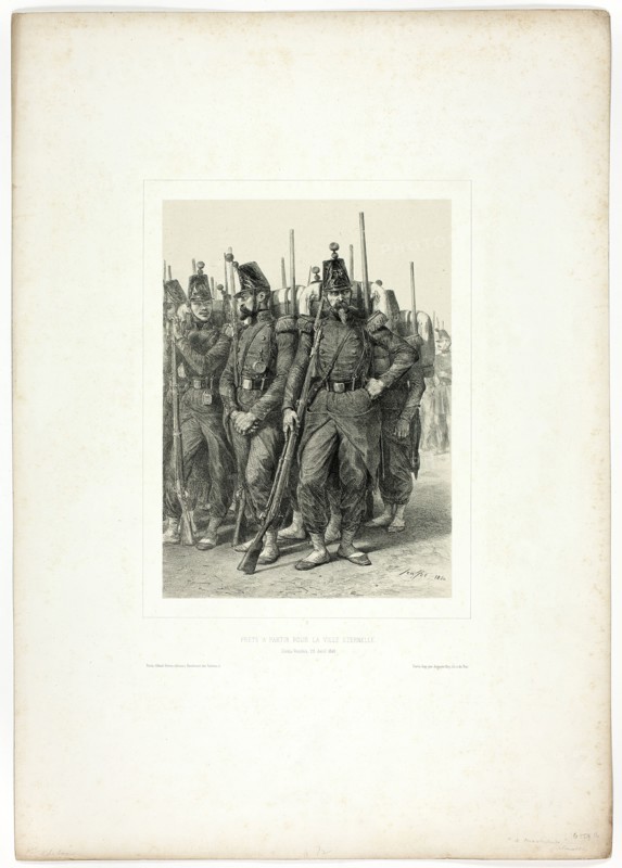 Ready to leave for the Eternal City, from Souvenirs d’Italie: Expédition de Rome, 1850. Creator: Auguste Raffet.
