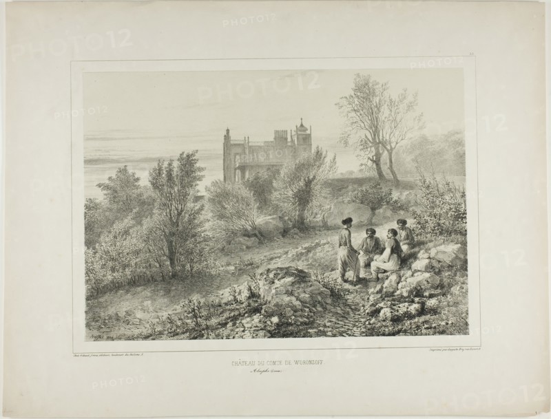 The Château of Count Woronzoff, Aloupka, Crimea, August 12, 1837, 1840. Creator: Auguste Raffet.