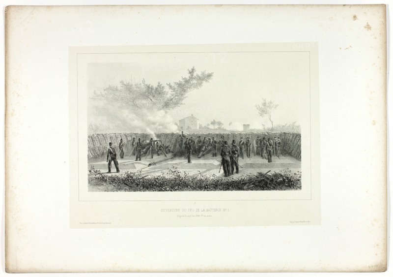 Battery No.1 opens fire, from Souvenirs d’Italie: Expédition de Rome, 1854. Creator: Auguste Raffet.