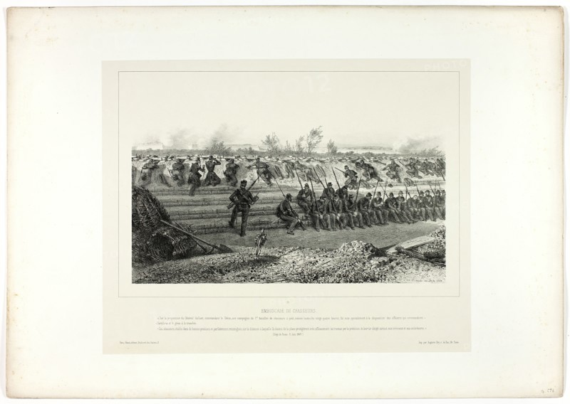 Light infantry ambush, from Souvenirs d’Italie: Expédition de Rome, 1858. Creator: Auguste Raffet.