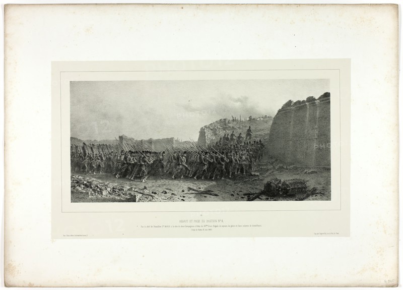 Assault and capture of bastion no. 6, from Souvenirs d’Italie: Expédition de Rome, 1858. Creator: Auguste Raffet.