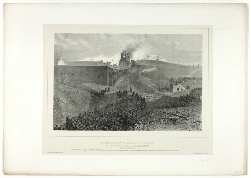 Departure of the third column, called the support, from Souvenirs d’Italie: Expédition de ..., 1859. Creator: Auguste Raffet.