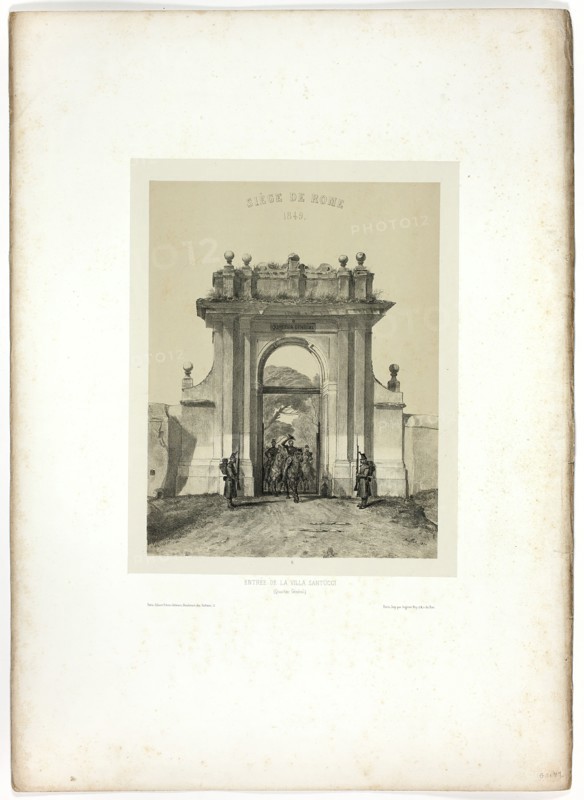 Entering the Villa Santucci, from Souvenirs d’Italie: Expédition de Rome, 1850. Creator: Auguste Raffet.