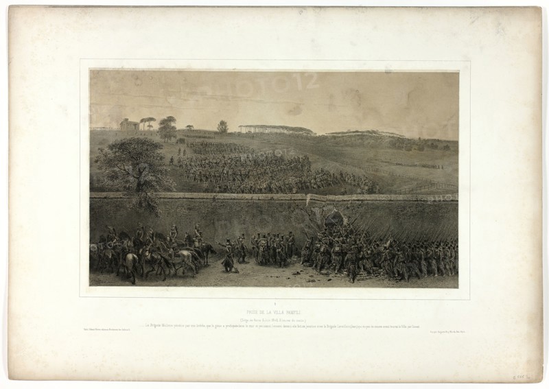 Capture of the Villa Pamfili, from Souvenirs d’Italie: Expédition de Rome, 1852. Creator: Auguste Raffet.
