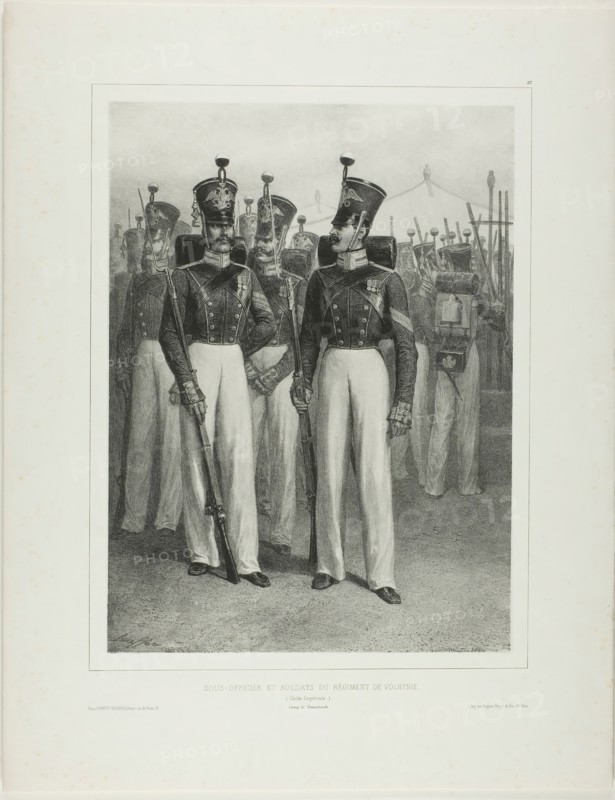 Non-Commissioned Officer and Soldiers of the Volhynie Regiment (Imperial Guard), Camp V..., 1842–44. Creator: Auguste Raffet.