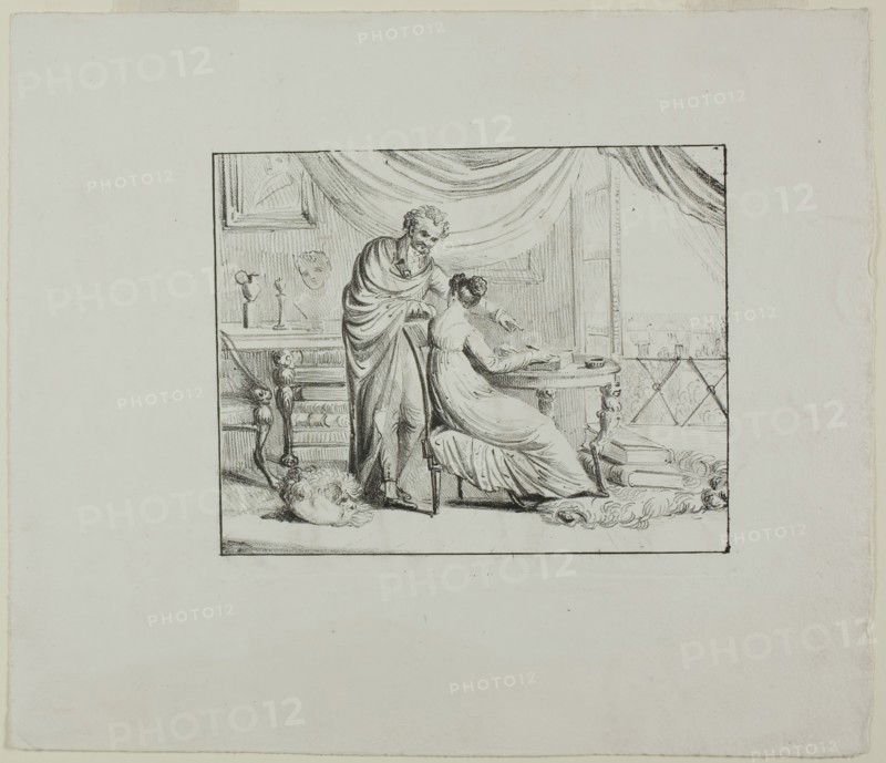 Denon Instructing a Young Woman Drawing on a Lithographic Stone, c. 1820. Creator: Vivant Denon.