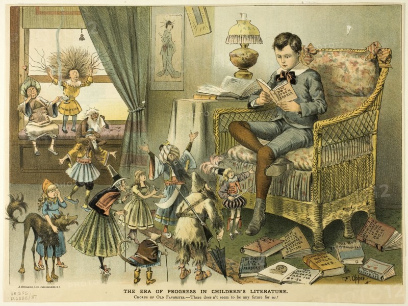 The Era of Progress in Children's Literature, from Puck, c. 1886. Creator: Frederick Burr Opper.