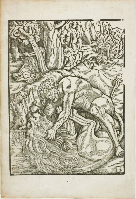 Hercules Strangling the Nemean Lion, from the Labors of Hercules, c. 1528. Creator: Gabriel Salmon.