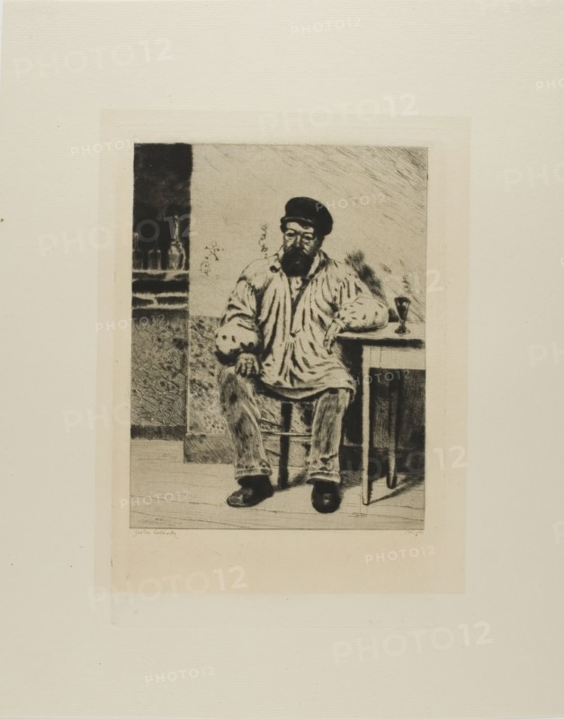Plate from l'Assommoir (bearded man seated at table), 1878. Creator: Gaston la Touche.