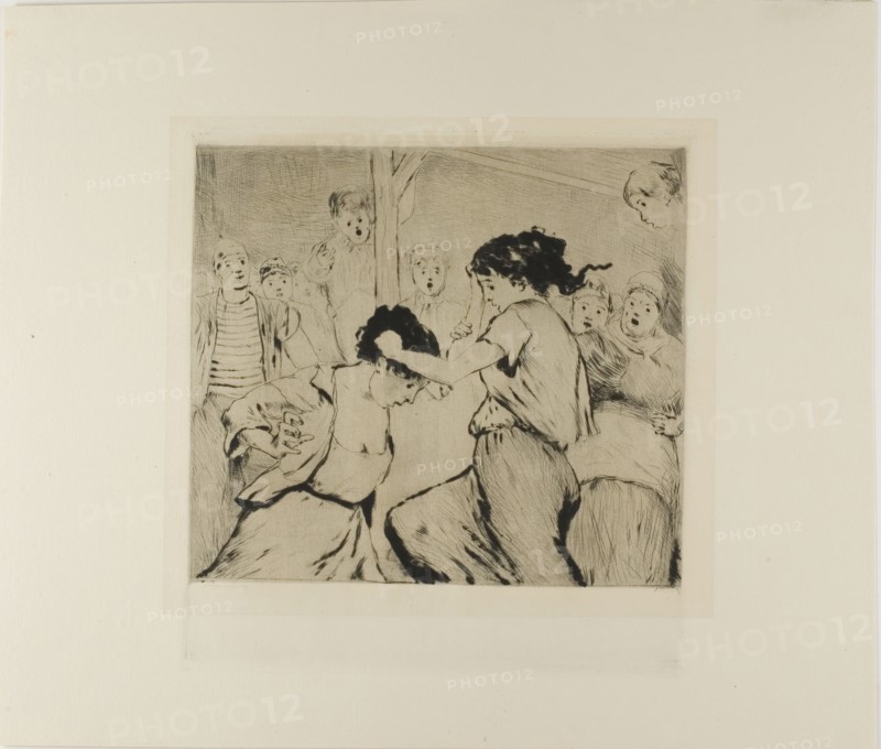 Plate from l'Assommoir (two women fighting, with onlookers), 1878. Creator: Gaston la Touche.