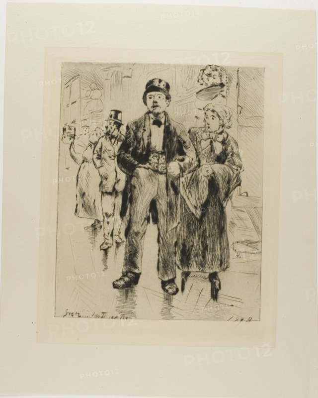 Plate from l'Assommoir (standing couple, with other figures in background), 1878. Creator: Gaston la Touche.