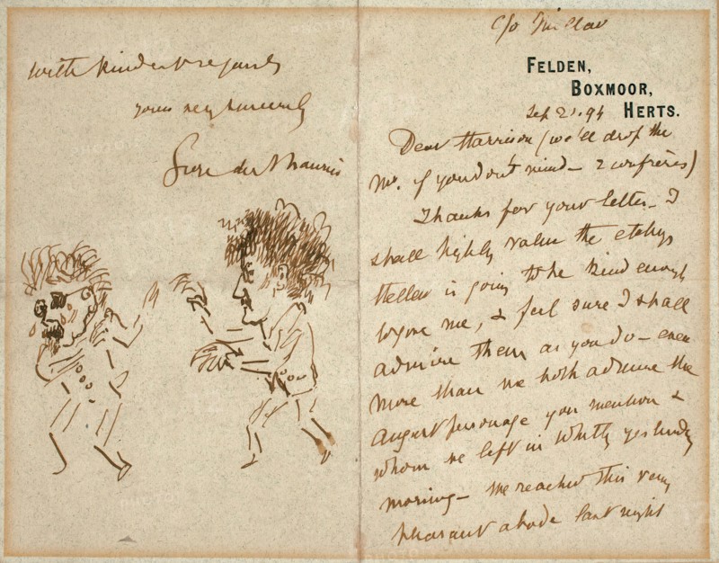 Letter with Drawing of Whistler Menacing Du Maurier, 1894. Creator: George du Maurier.