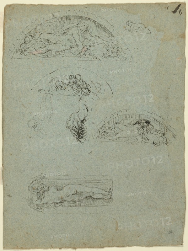 Standing Figure in a Niche and Studies for the Ugolino Group (recto); Red-Robed Prelate..., 1857/58. Creator: Jean-Baptiste Carpeaux.
