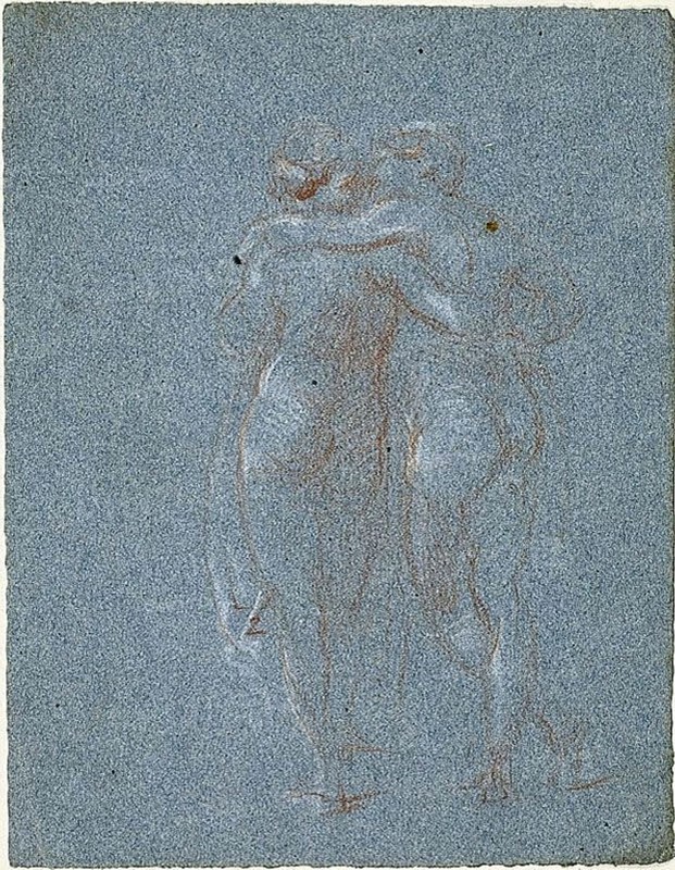 Two Standing Figures, Embracing (recto); Man with Scythe and Sketches of Buildings (verso), 1847/75. Creator: Jean-Baptiste Carpeaux.