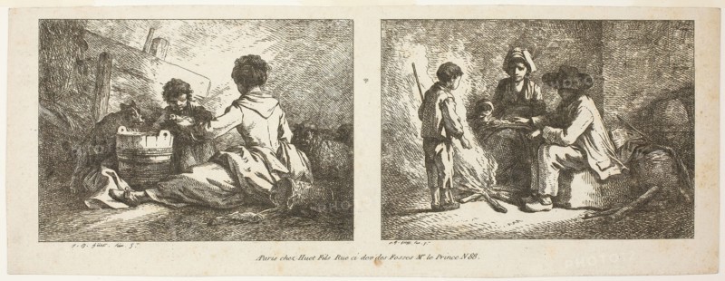 Children with a Dog and Sheep and Peasant Family by a Fire, n.d. Creator: Jean Baptiste Marie Huet.