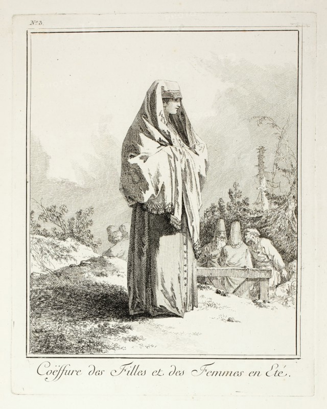 Headdress for Girls and Women in summer, plate three from Divers Habillements des Peuples ..., 1765. Creator: Jean Baptiste Le Prince.