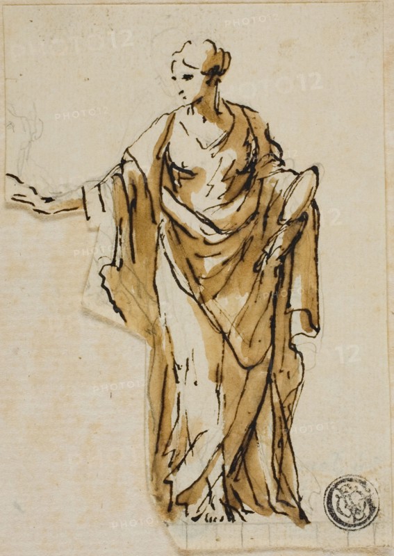 Standing Female Figure with Right Hand Raised, n.d. Creators: John Michael Rysbrack, Sir James Thornhill.