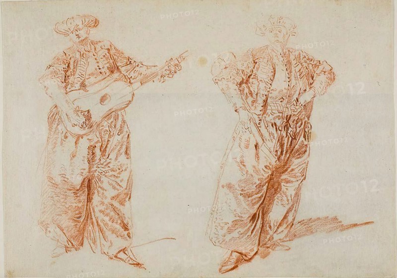 Two Studies of a Guitar Player in Turkish Costume, c. 1728. Creator: Nicolas Lancret.