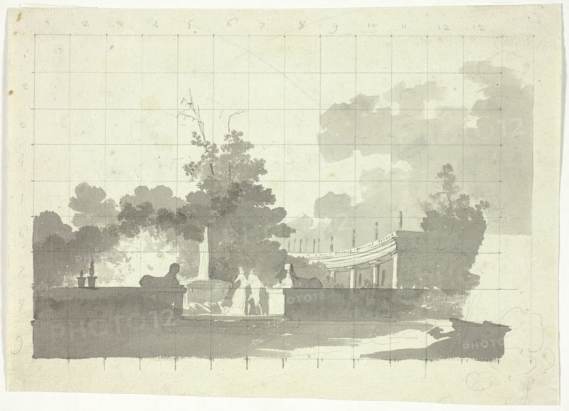 View of the Park at Versailles: Two Sphinxes and a Couple Near a Colonnade, n.d. Creator: Pierre Antoine Mongin.