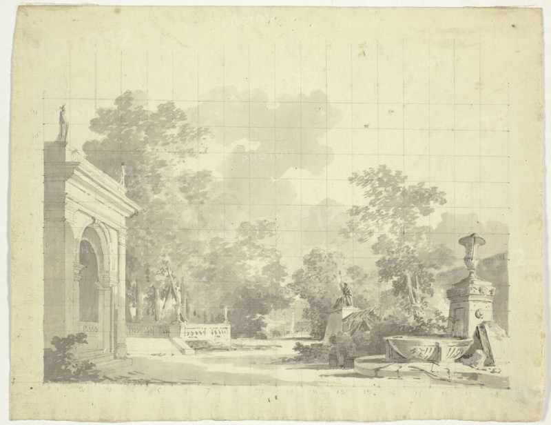 View of the Park at Versailles: Arched Entry to a Terrace, Urns and Ruined Statuary, n.d. Creator: Pierre Antoine Mongin.