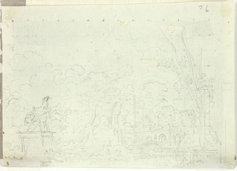 View of the Park at Versailles: Equestrian Statue Among Trees, n.d. Creator: Pierre Antoine Mongin.