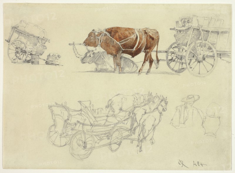 Studies of Slovakian Peasant Wagons with Oxen and Horses, n.d. Creator: Rudolf von Alt.