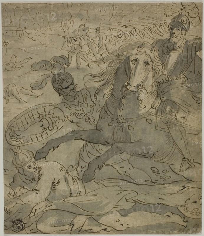 Battle Scene with Charging General on Horseback in Foreground, Artillery and Cannons in Ba..., n.d. Creator: Unknown.