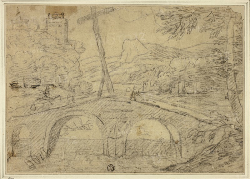 Landscape with Bridge (with Cross) over Gorge, with Mountains and Castle in Distance, n.d. Creator: Unknown.