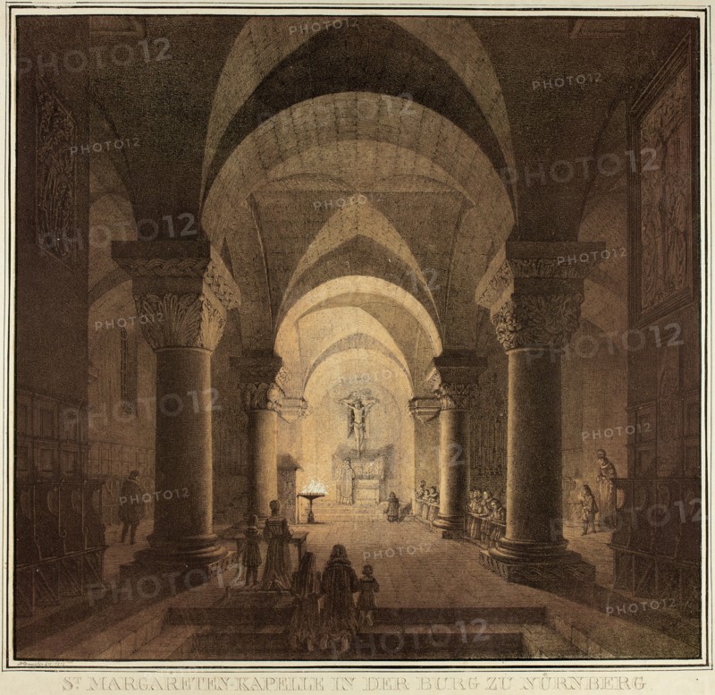 Chapel of Saint Margaret in the City of Nuremberg, from Collection of Memorable Medieval..., 1819. Creator: Domenico Quaglio II.