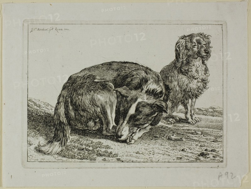 Two Dogs Resting, from Die Zweite Thierfolge, 1800. Creator: Johann Christian Reinhart.