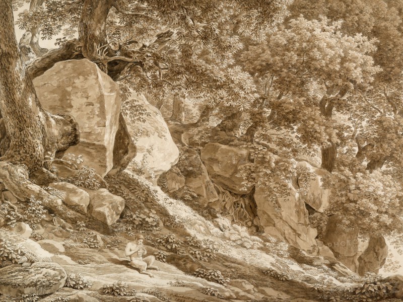 Rocky Landscape with Pan Playing His Flute (In the Park of the Villa Chigi, Ariccia), 1808. Creator: Johann Christian Reinhart.