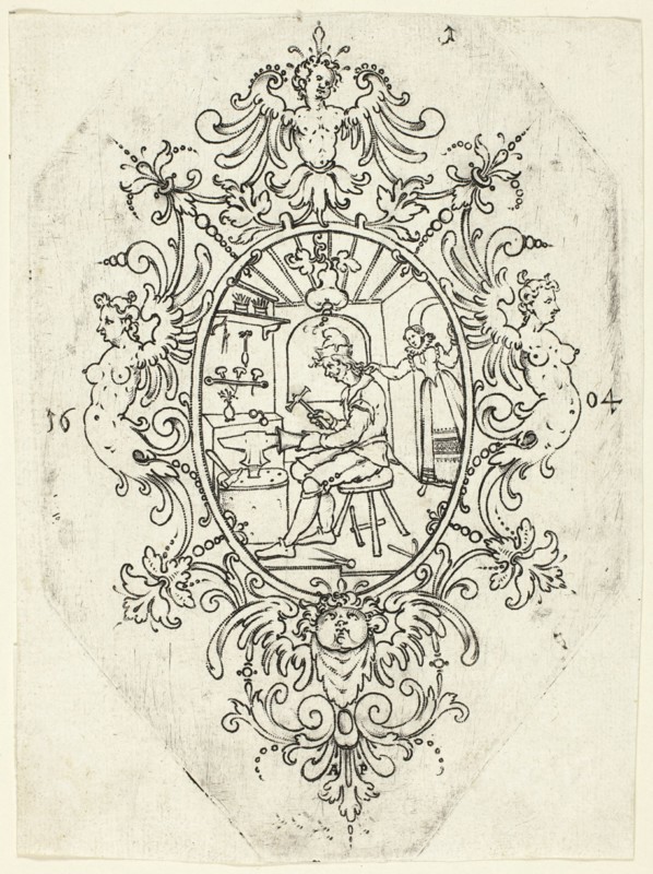 Plate 1, from twenty ornamental designs for goblets and beakers, 1604. Creator: Master AP.