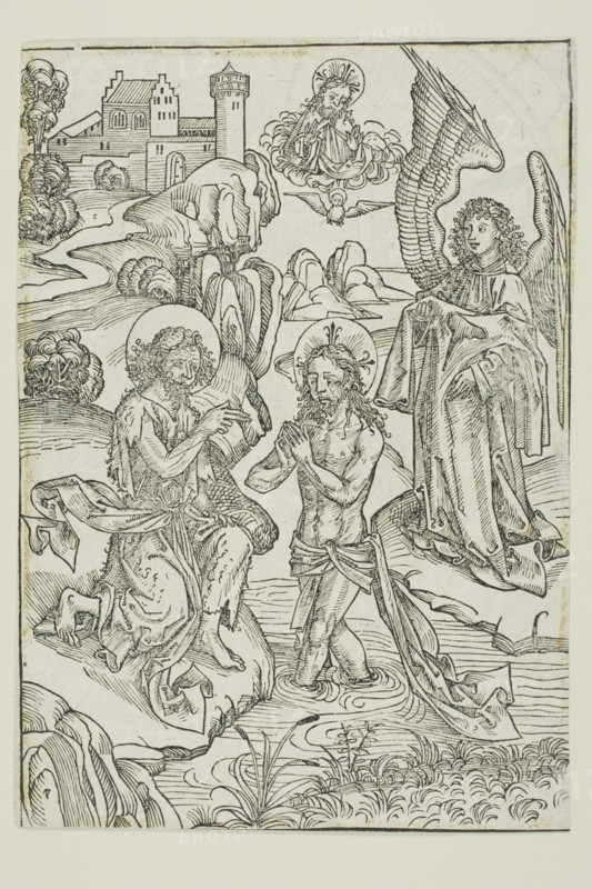 The Baptism of Christ (verso); The Circumcision of Christ (recto), pages 34 and 33..., 1491. Creator: Michael Wolgemut.