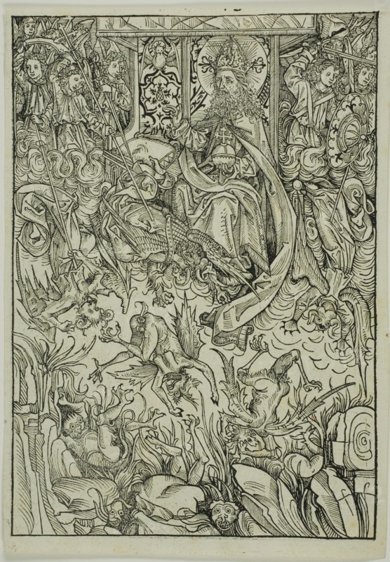 The Fall of Lucifer and the Rebel Angels (verso); The Gathering of the Angels (recto)..., 1491. Creator: Michael Wolgemut.