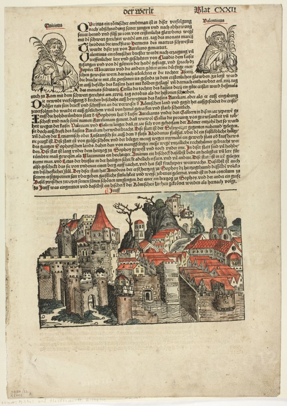 Geneva from Schedel Weltchronik (Schedel’s World History), Plate 22 from Woodcuts..., 1929. Creator: Michael Wolgemut.