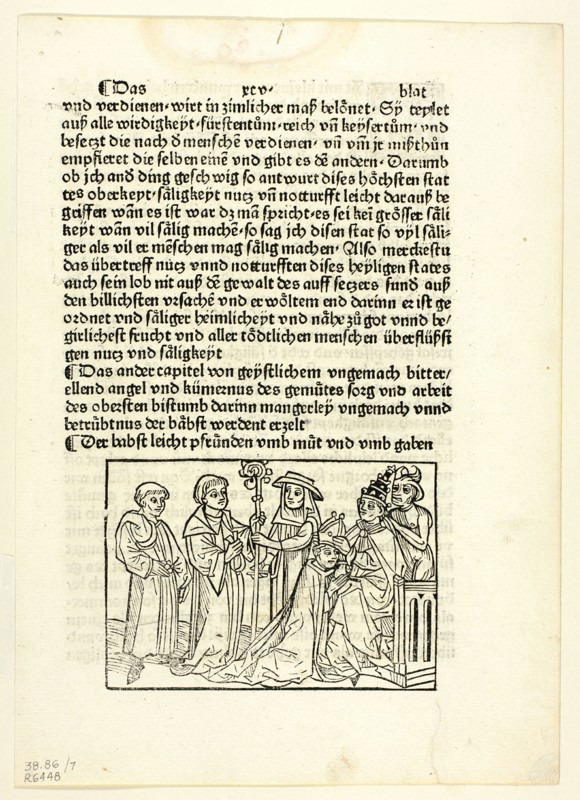 A Pope Installing a Bishop from Speculu humane vite (Mirror of Human Life), Plate 7..., 1929. Creators: Unknown, Peter Berger, Rodrigo Sánchez de Arévalo, Wilhelm Ludwig Schreiber.