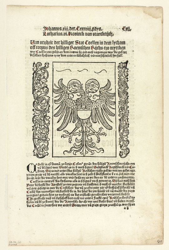 Holy Roman Empire Coat of Arms with Cologne Coat of Arms from Koelner Chronik..., 1929. Creators: Unknown, Johann Koelhoff the Younger, Wilhelm Ludwig Schreiber.