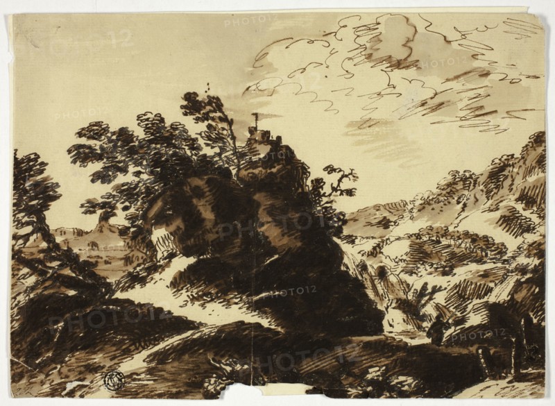 Hilly Landscape with Figure in Foreground, n.d. Creator: Unknown.