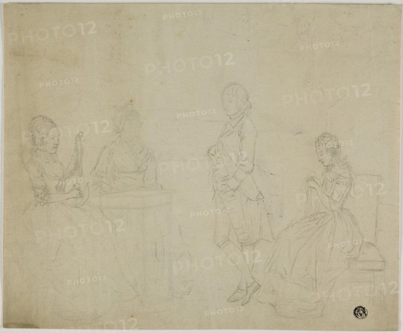 Sketch of Family Group with Three Seated Women and Young Man Standing, 18th century. Creators: Unknown, Friedrich Tischbein.