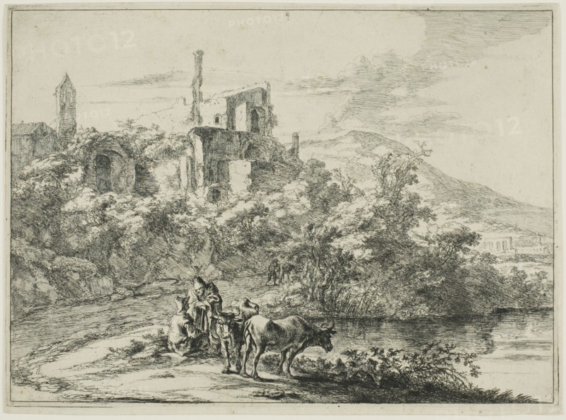 Landscape with Ruins and Two Cows at the Waterside, from a series of four horizontal..., 1645/50. Creator: Jan Dirksz Both.