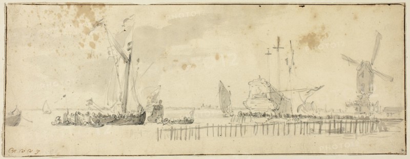Sailing Ships in Harbor near Windmill, n.d. Creator: Willem van de Velde the Younger.