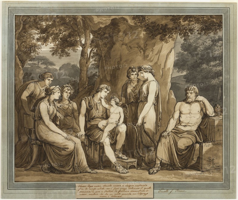 Calypso Watches Telemachus with Cupid on His Knee, While Mentor Watches in Anger..., 1808. Creator: Bartolomeo Pinelli.