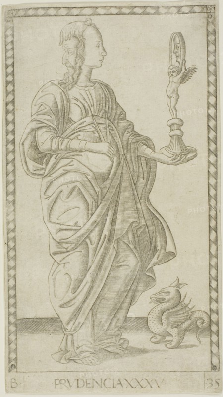 Prudence, plate 35 from Genii and Virtues, c.1465. Creator: Unknown.