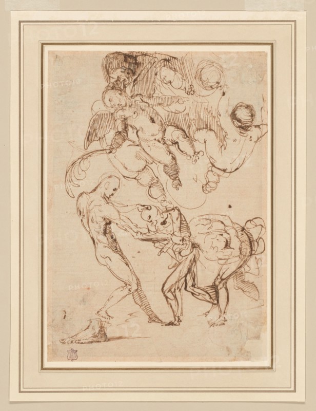A Study of Bound Male Figures being Manhandled, and Various Putti, One Holding a Palm..., n.d. Creator: Unknown.