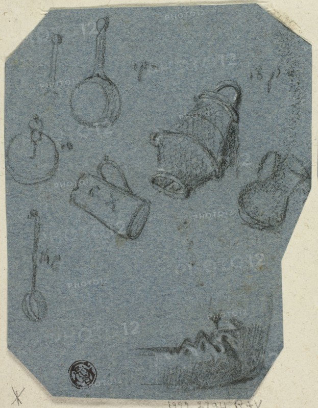 Sketches of Kitchen Utensils, Bent Arm (recto); Historical Scene (verso), n.d. Creator: Unknown.