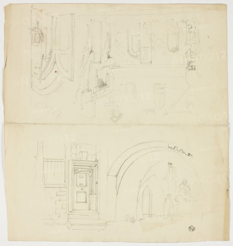 Sketches of Doorway, Figures, Building with Side Entrance to Church (r); Sketch of Spire (v), n.d. Creator: Unknown.