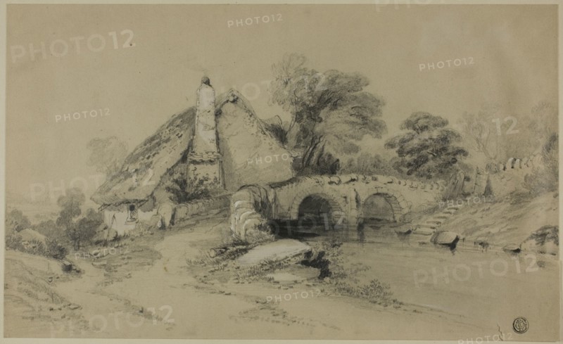 Farm with Thatched Roof Near Stone Bridge, n.d. Creator: Unknown.