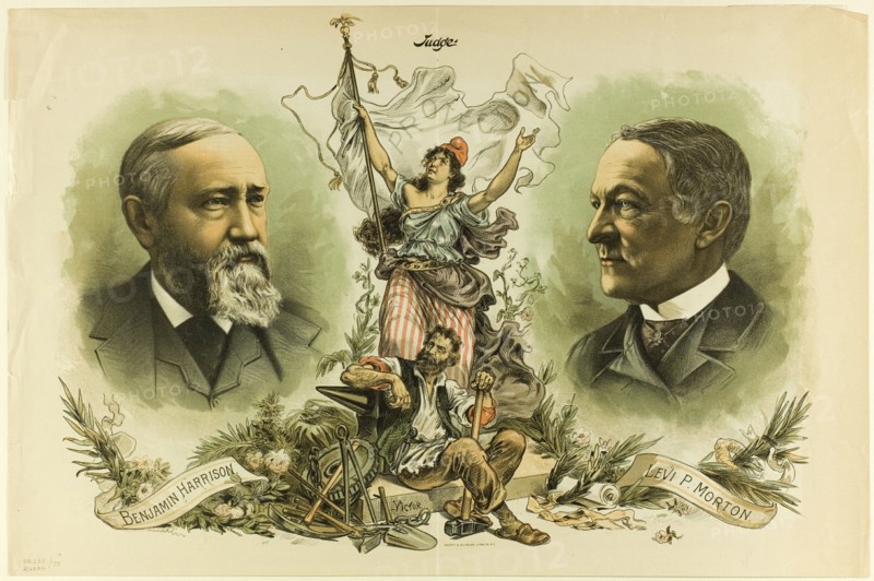Victory Portraits of Benjamin Harrison and Levi P. Morton, from Judge, 1888. Creator: Unknown.