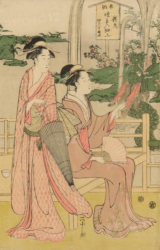 Women viewing dragon and tiger made of tobacco pouches, c. 1795. Creator: Hosoda Eishi.