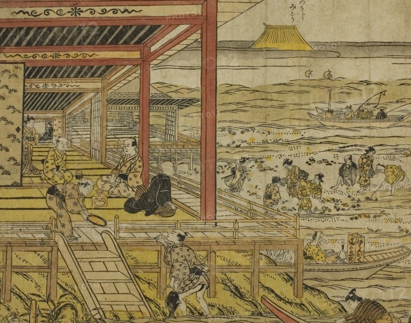 Gathering Shellfish at Low Tide at Shinagawa (Shinagawa shiohigari no zu), 1740s. Creator: Furuyama Moromasa.